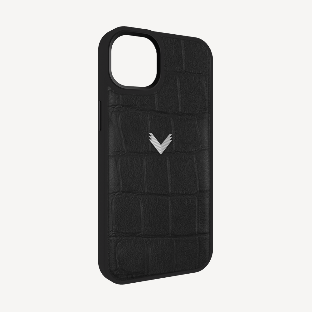 iPhone 15 Plus Phone Case, Calf Leather, Crocodile Texture