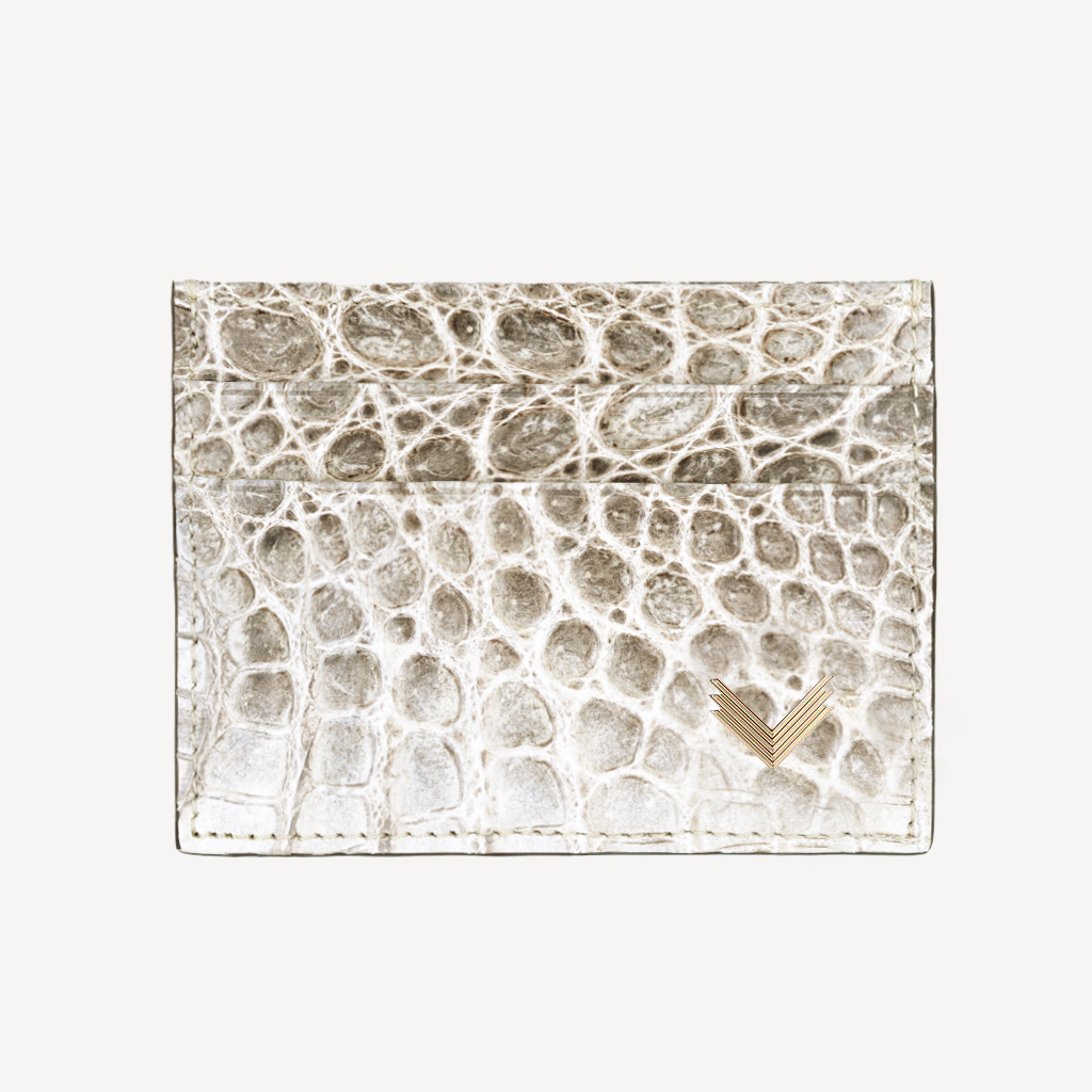 MM Card Holder, Himalayan Crocodile Leather, 14K Yellow Gold VLogo