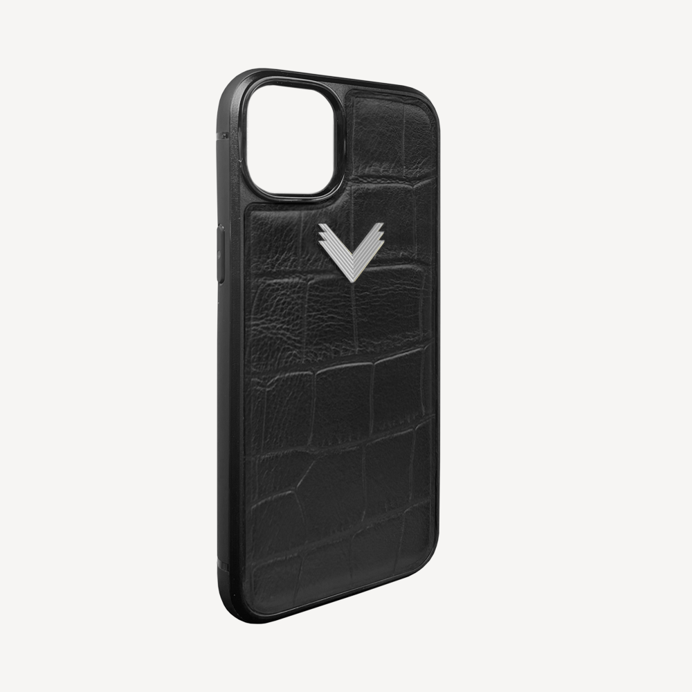 iPhone 14 Plus Phone Case, Calf Leather, Crocodile Texture