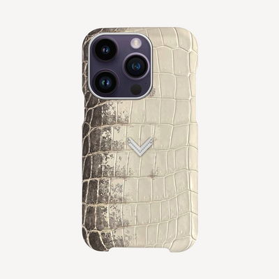 iPhone 14 Pro Phone Case, Crocodile Leather, 14K White Gold VLogo With 15 Diamonds