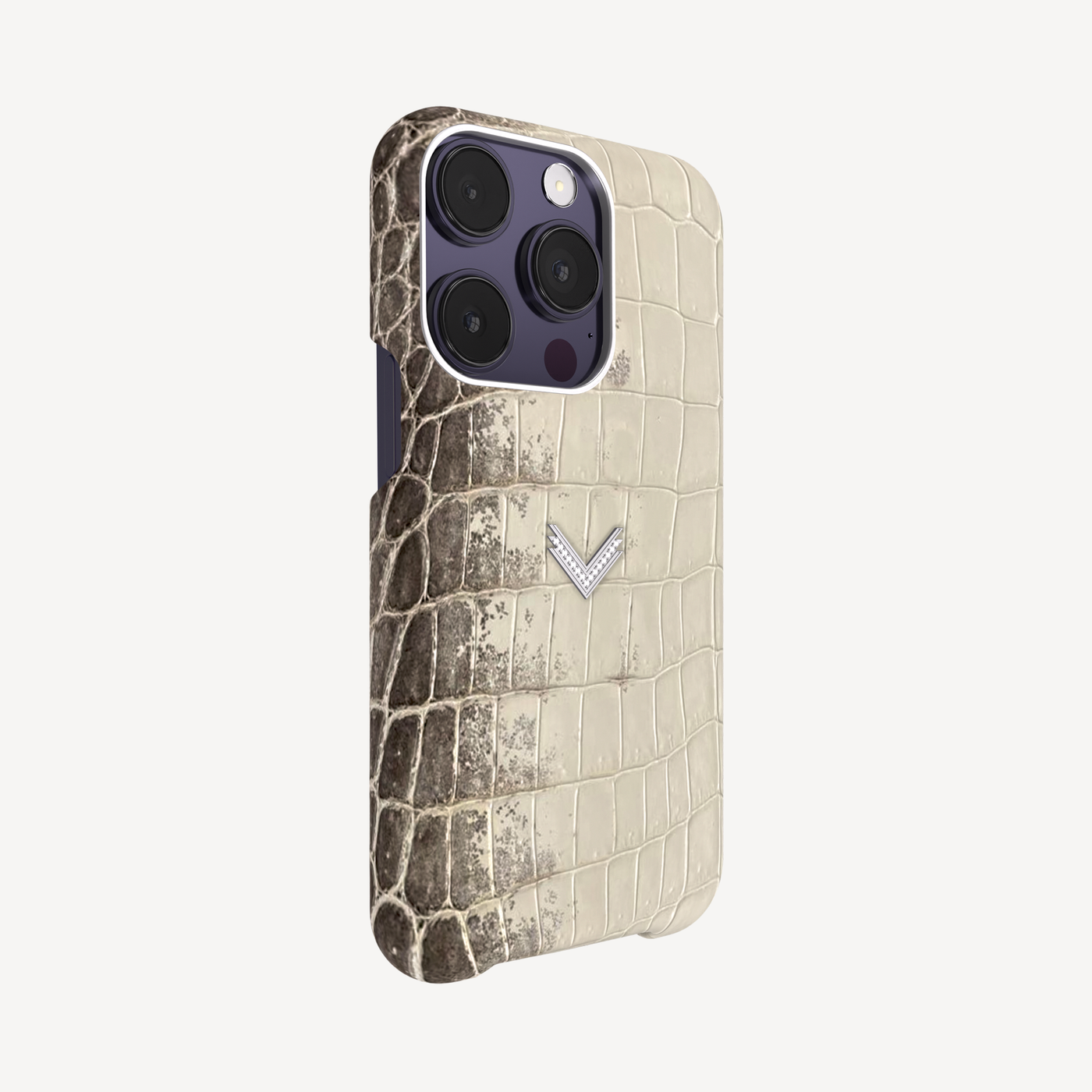 iPhone 14 Pro Phone Case, Crocodile Leather, 14K White Gold VLogo With 15 Diamonds