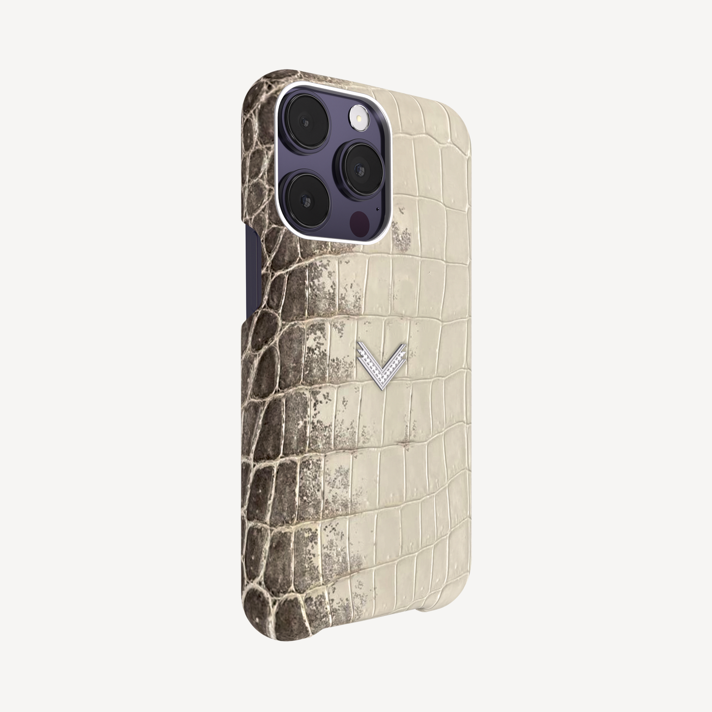 iPhone 14 Pro Max Phone Case, Crocodile Leather, 14K White Gold VLogo With 15 Diamonds