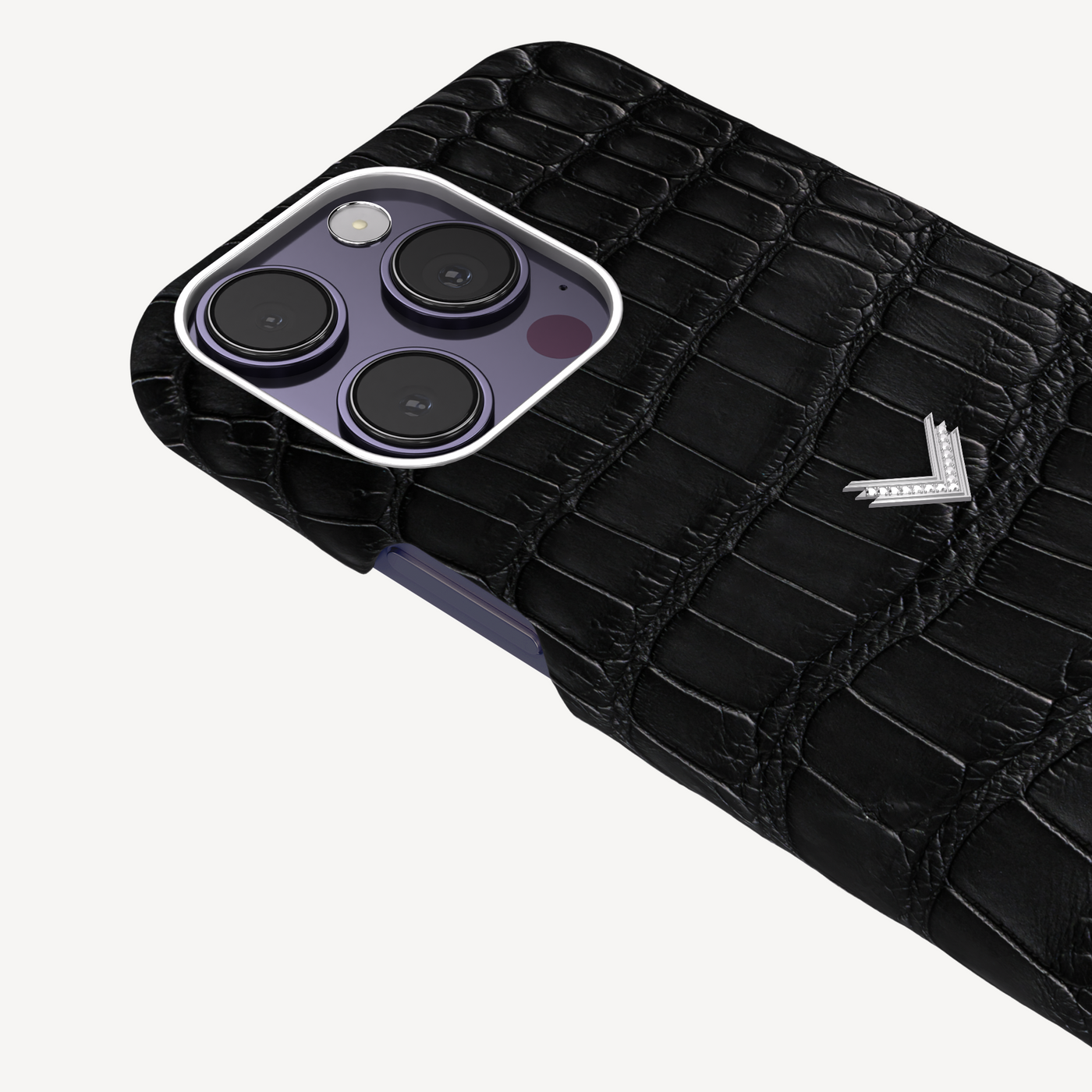 iPhone 14 Pro Max Phone Case, Crocodile Leather, 14K White Gold VLogo With 15 Diamonds