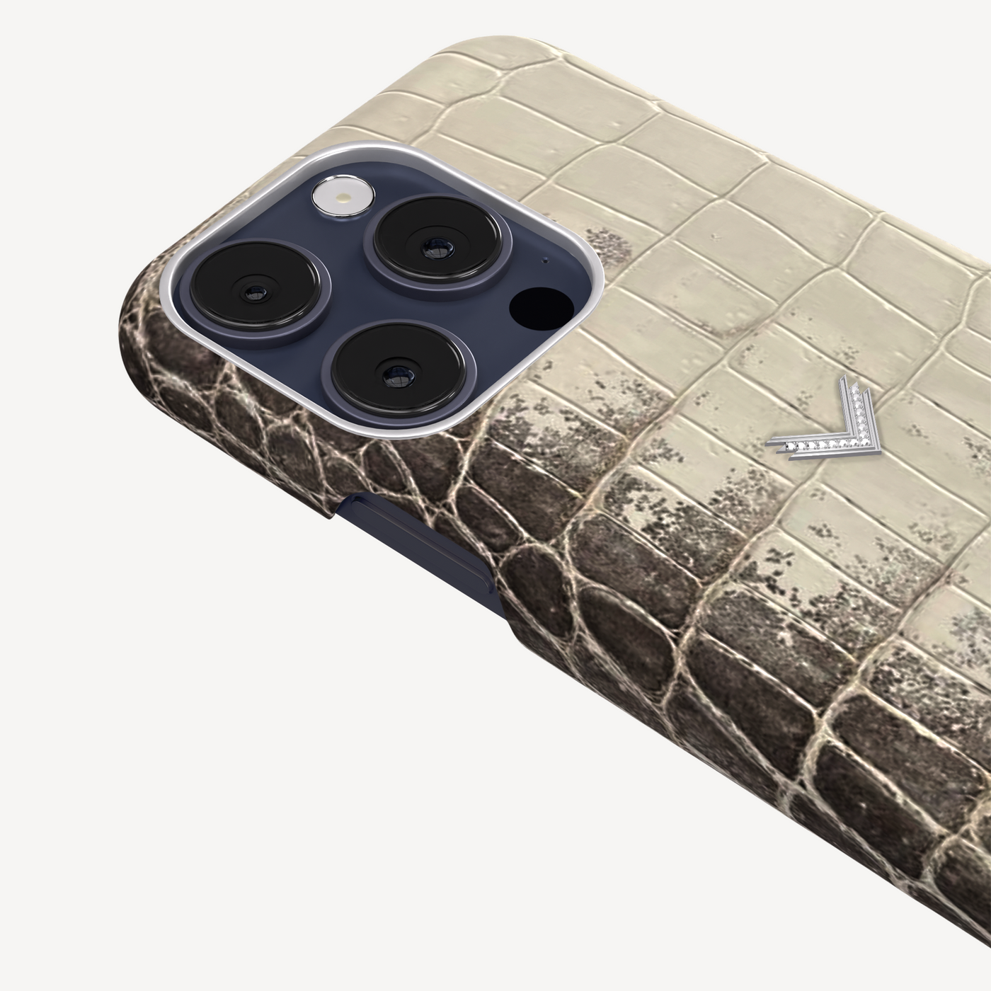 iPhone 15 Pro Phone Case, Crocodile Leather, 14K White Gold VLogo With 15 Diamonds