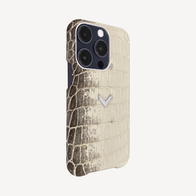 iPhone 15 Pro Phone Case, Crocodile Leather, 14K White Gold VLogo With 15 Diamonds