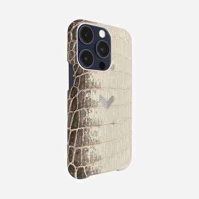 iPhone 15 Pro Phone Case, Crocodile Leather, 14K White Gold VLogo