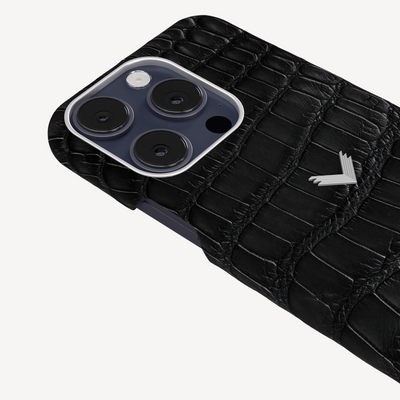 iPhone 15 Pro Phone Case, Crocodile Skin, 14K White Gold VLogo