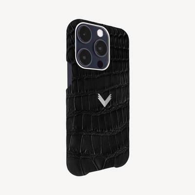 iPhone 15 Pro Phone Case, Crocodile Skin, 14K White Gold VLogo