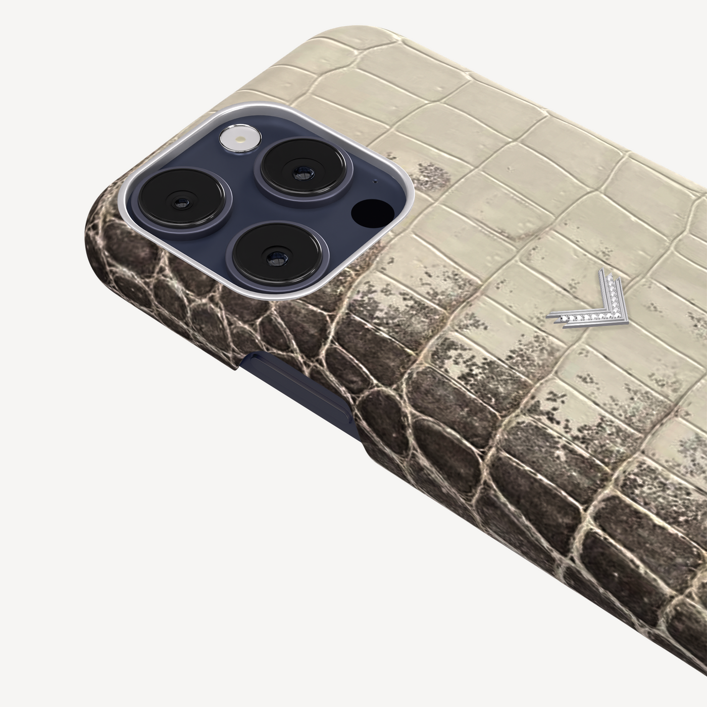 iPhone 15 Pro Max Phone Case, Crocodile Leather, 14K White Gold VLogo With 15 Diamonds