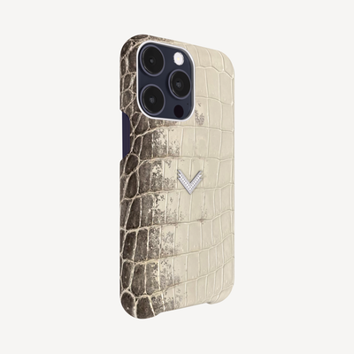 iPhone 15 Pro Max Phone Case, Crocodile Leather, 14K White Gold VLogo With 15 Diamonds