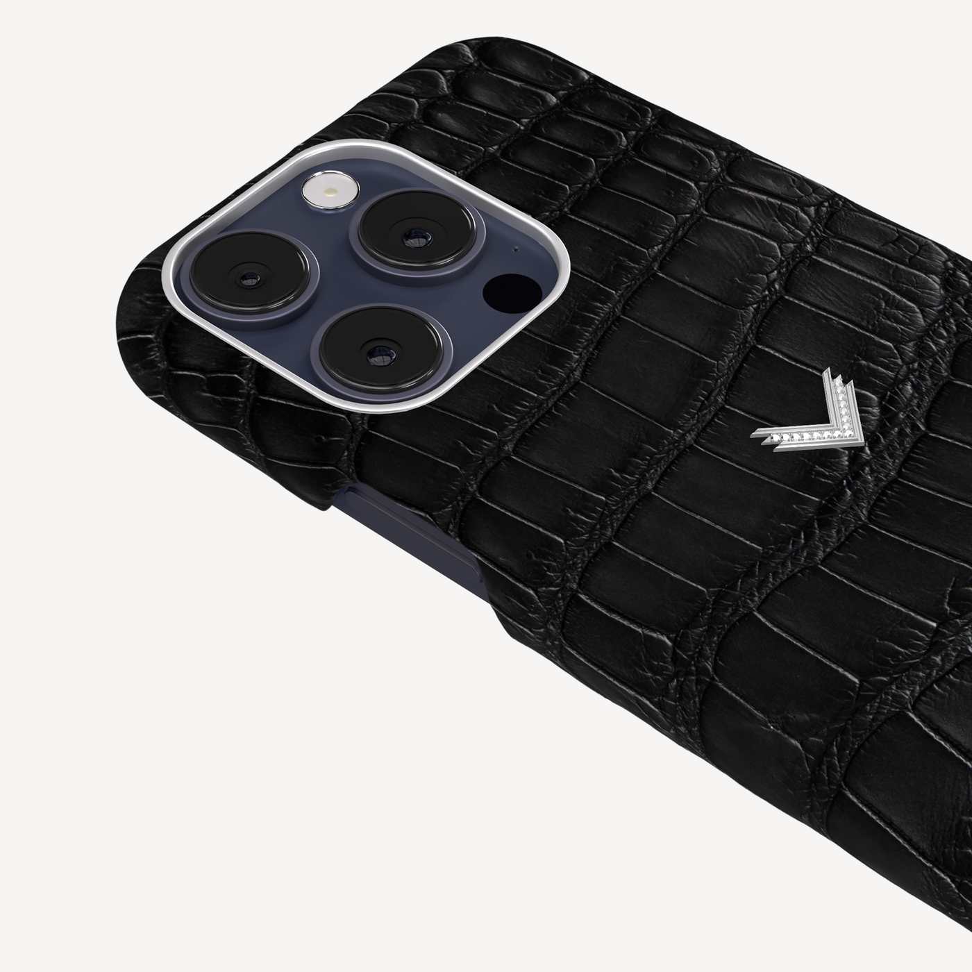 iPhone 15 Pro Max Phone Case, Crocodile Skin, VLogo 14K White Gold with 15 Diamonds