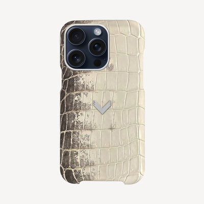 iPhone 15 Pro Max Phone Case, Crocodile Leather, 14K White Gold VLogo
