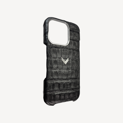 iPhone 16 Pro Phone Case, Crocodile Leather, 14K White Gold VLogo