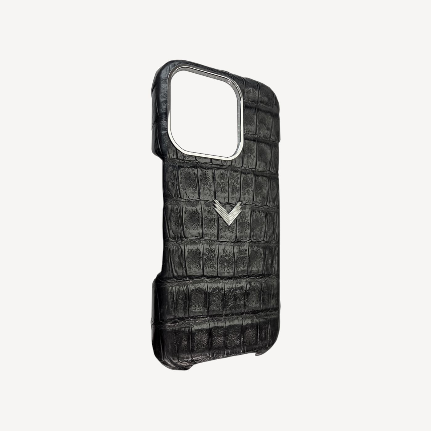 iPhone 16 Pro Max Phone Case, Crocodile Leather, 14K White Gold VLogo