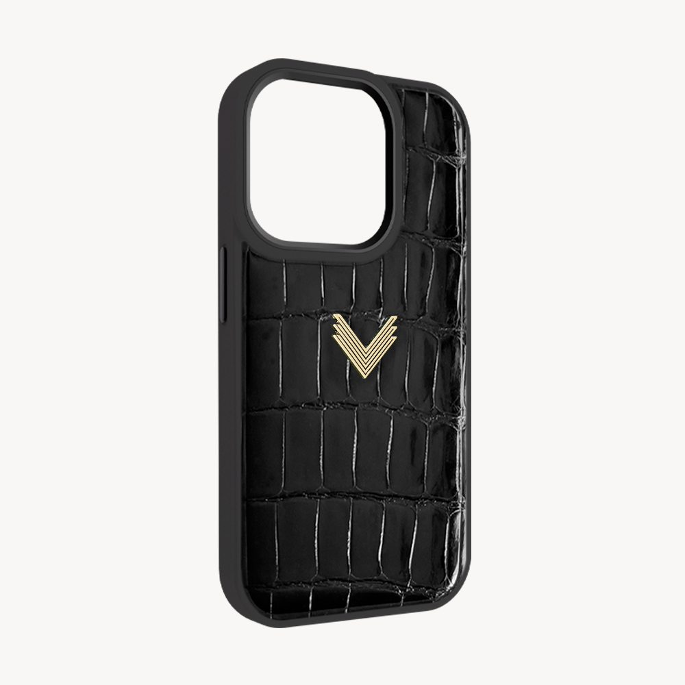 iPhone 14 Pro Phone Case, Crocodile Leather, Antique VLogo