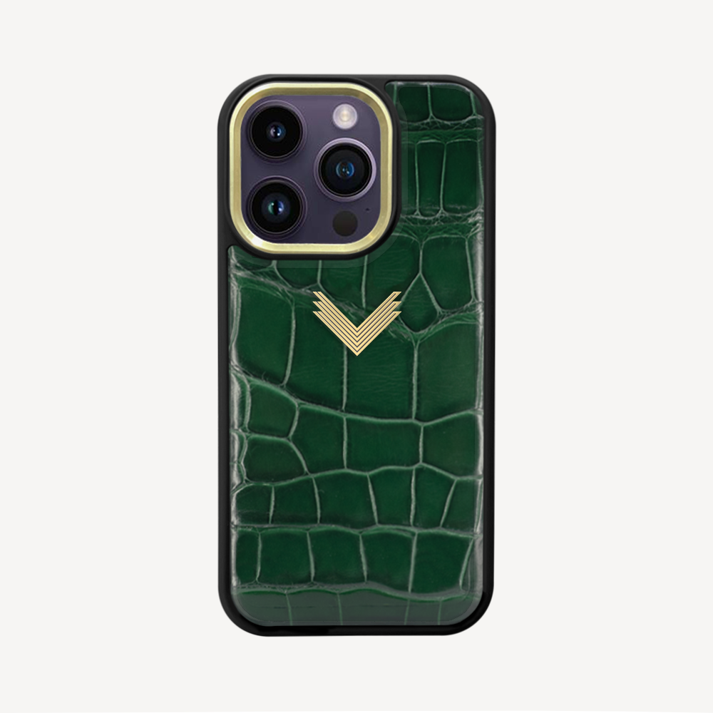 iPhone 14 Pro Phone Case, Crocodile Leather, Antique VLogo