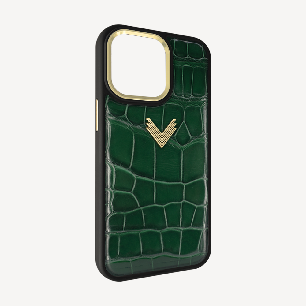 iPhone 14 Pro Phone Case, Crocodile Leather, Antique VLogo
