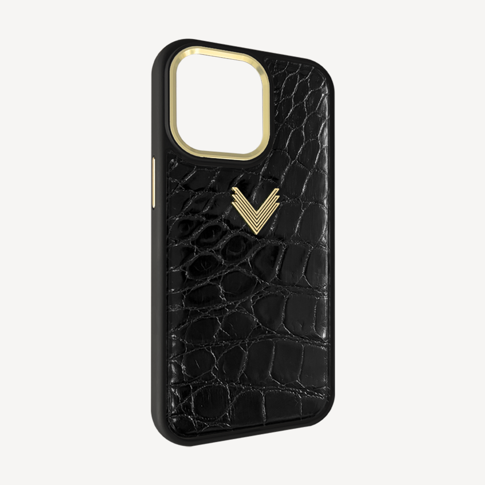 iPhone 14 Pro Phone Case, Crocodile Leather, Antique VLogo