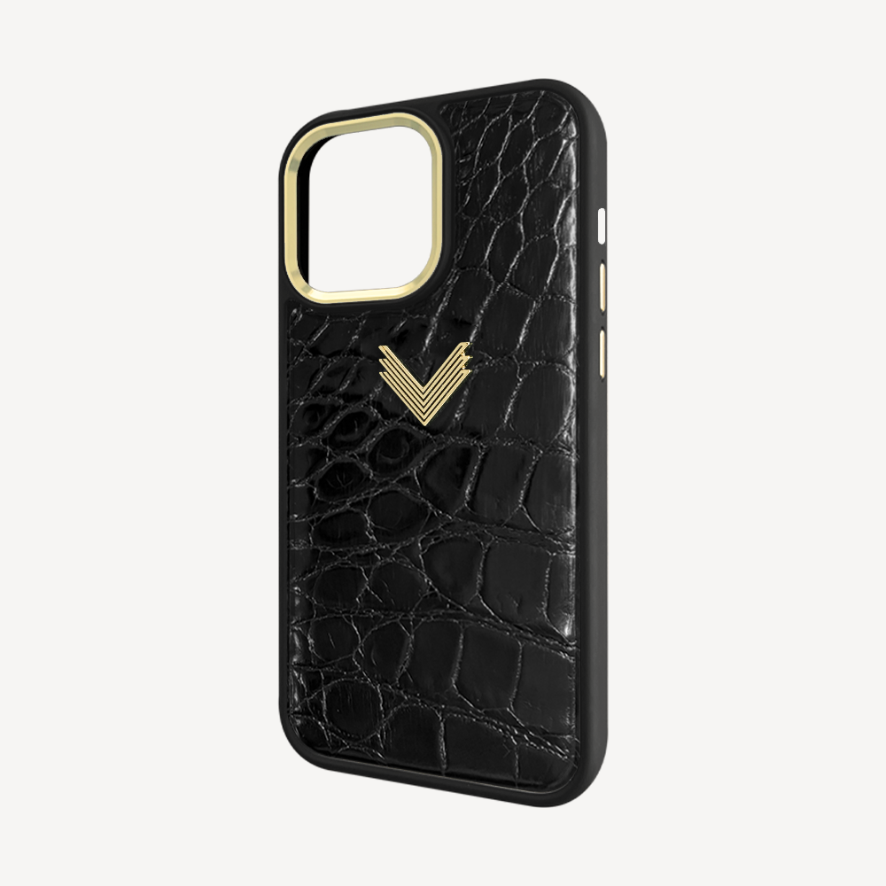 iPhone 14 Pro Phone Case, Crocodile Leather, Antique VLogo