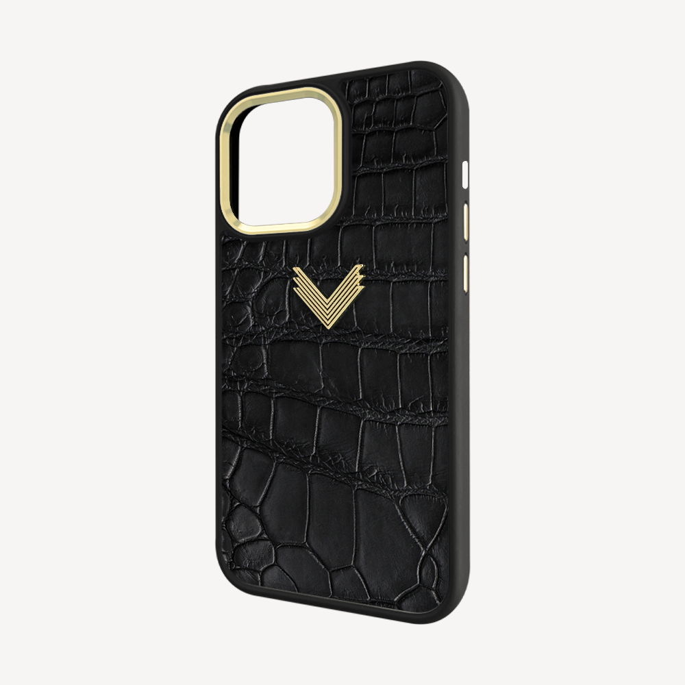 iPhone 14 Pro Phone Case, Crocodile Leather, Antique VLogo