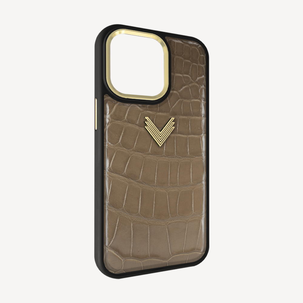 iPhone 14 Pro Phone Case, Crocodile Leather, Antique VLogo