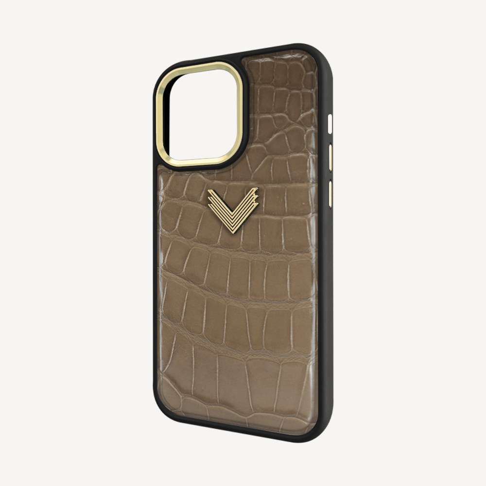 iPhone 14 Pro Phone Case, Crocodile Leather, Antique VLogo