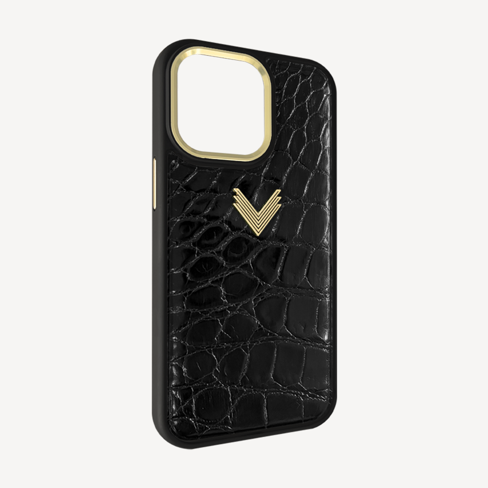 iPhone 15 Pro Phone Case, Crocodile Leather, Antique VLogo