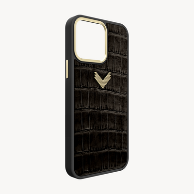 iPhone 15 Pro Phone Case, Crocodile Leather, Antique VLogo