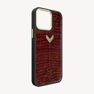 iPhone 15 Pro Phone Case, Crocodile Leather, Antique VLogo