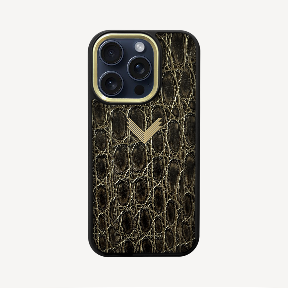 iPhone 15 Pro Phone Case, Crocodile Leather, Antique VLogo