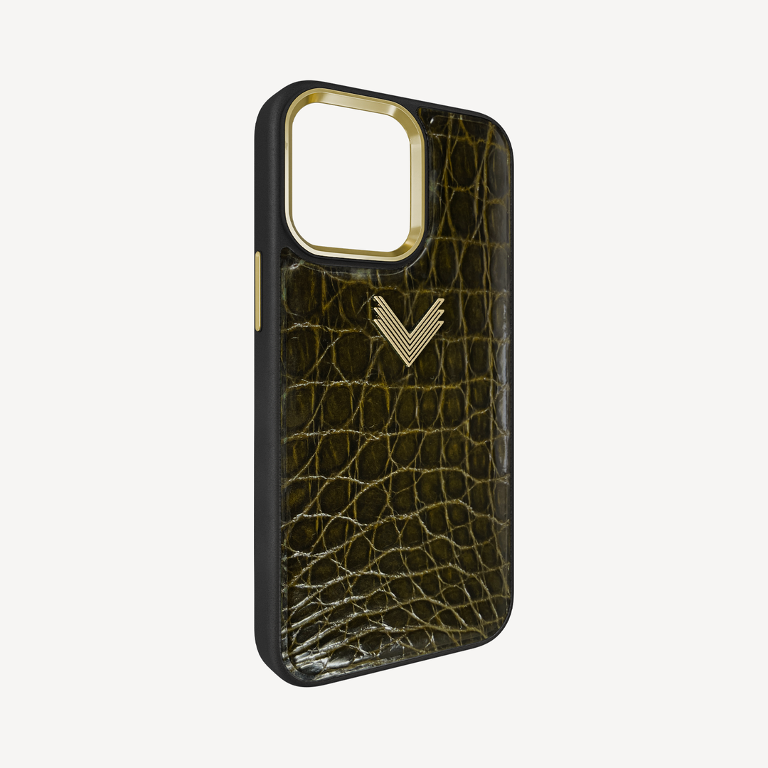 iPhone 15 Pro Max Phone Case, Crocodile Leather, Antique VLogo