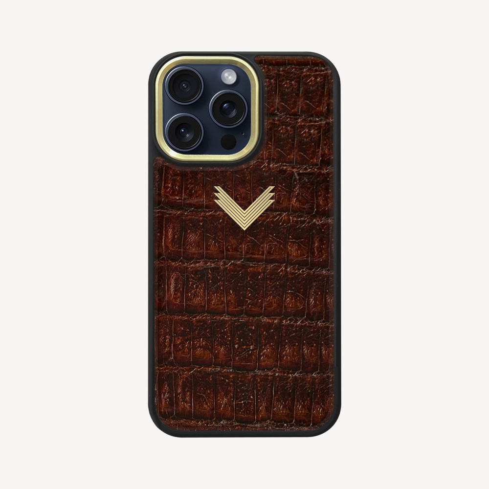 iPhone 15 Pro Max Phone Case, Crocodile Leather, Antique VLogo