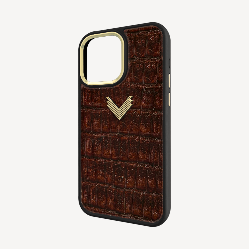 iPhone 15 Pro Max Phone Case, Crocodile Leather, Antique VLogo