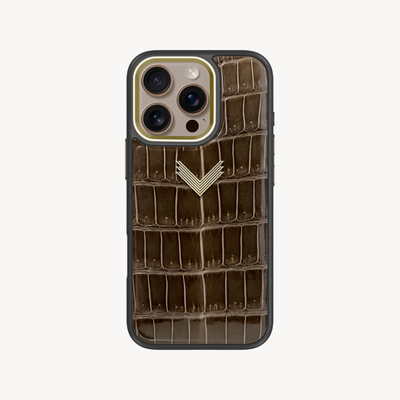 iPhone 16 Pro Phone Case, Crocodile Leather, Antique VLogo