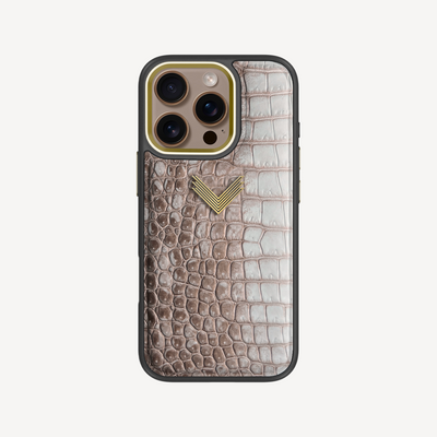 iPhone 16 Pro Phone Case, Crocodile Leather, Antique VLogo