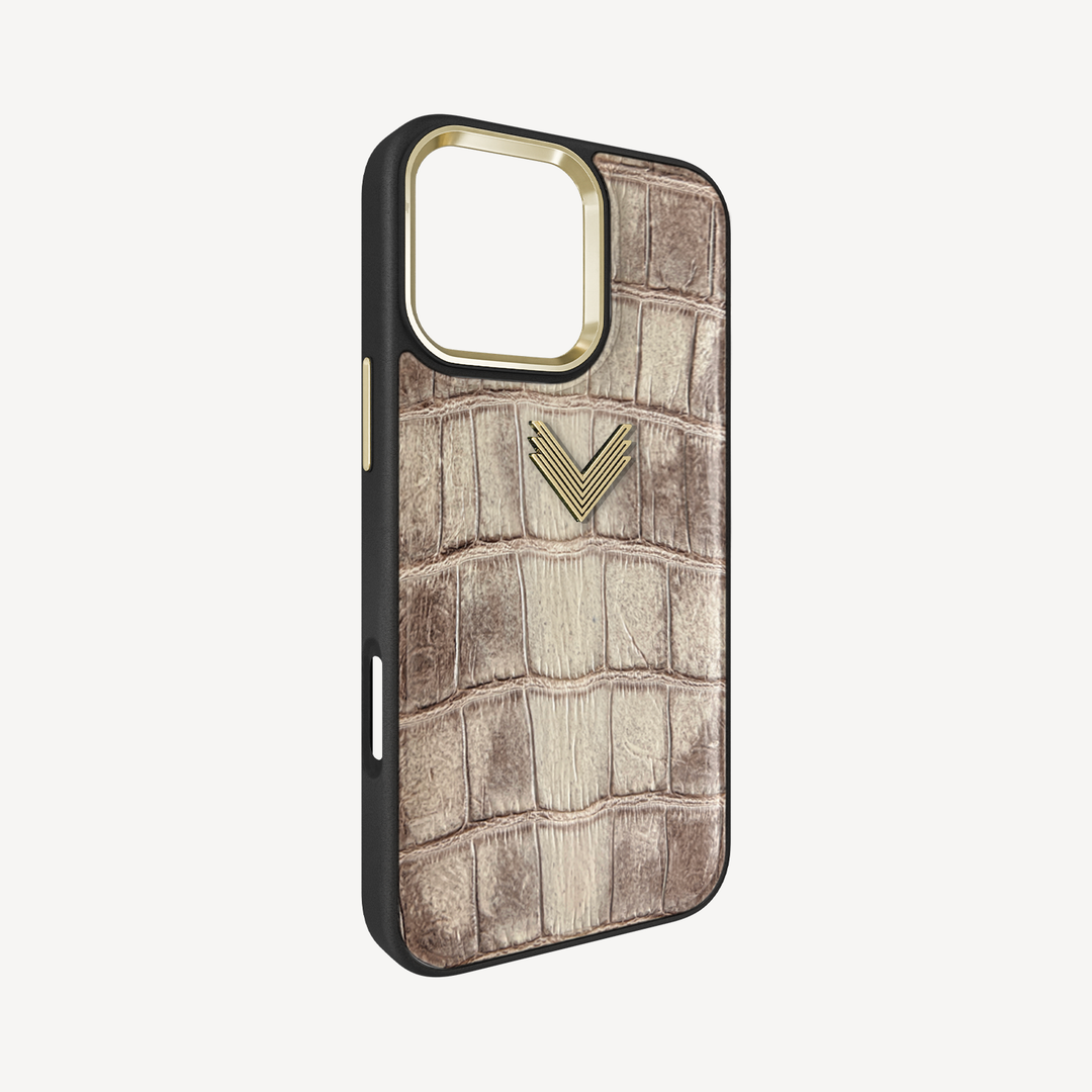 iPhone 16 Pro Phone Case, Crocodile Leather, Antique VLogo