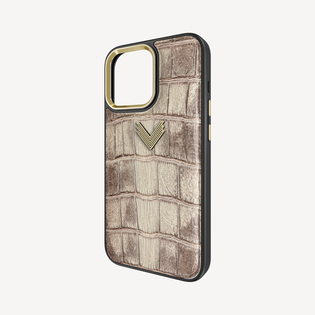 iPhone 16 Pro Phone Case, Crocodile Leather, Antique VLogo