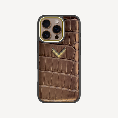 iPhone 16 Pro Phone Case, Crocodile Leather, Antique VLogo