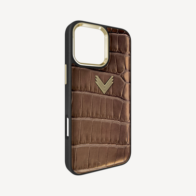 iPhone 16 Pro Phone Case, Crocodile Leather, Antique VLogo