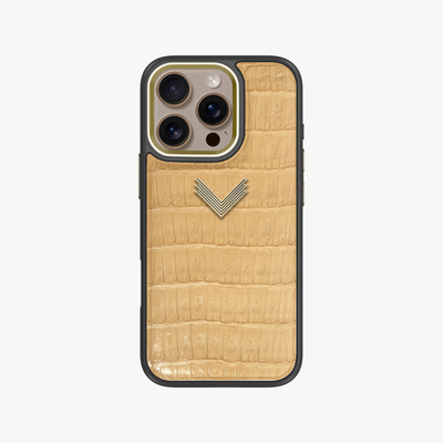 iPhone 16 Pro Phone Case, Crocodile Leather, Antique VLogo