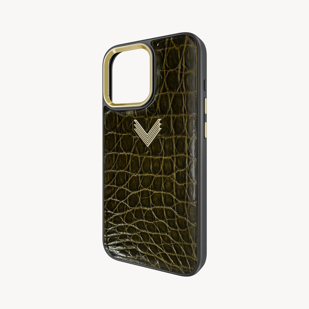 iPhone 16 Pro Phone Case, Crocodile Leather, Antique VLogo