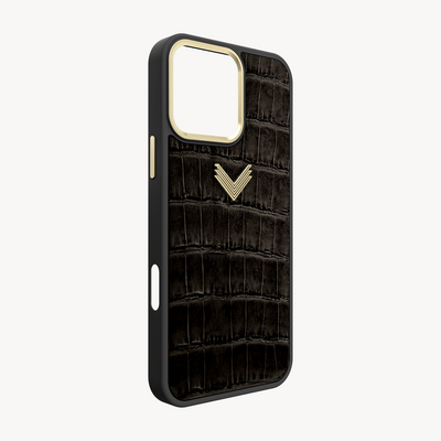 iPhone 16 Pro Phone Case, Crocodile Leather, Antique VLogo