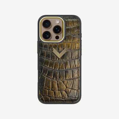 iPhone 16 Pro Phone Case, Crocodile Leather, Antique VLogo