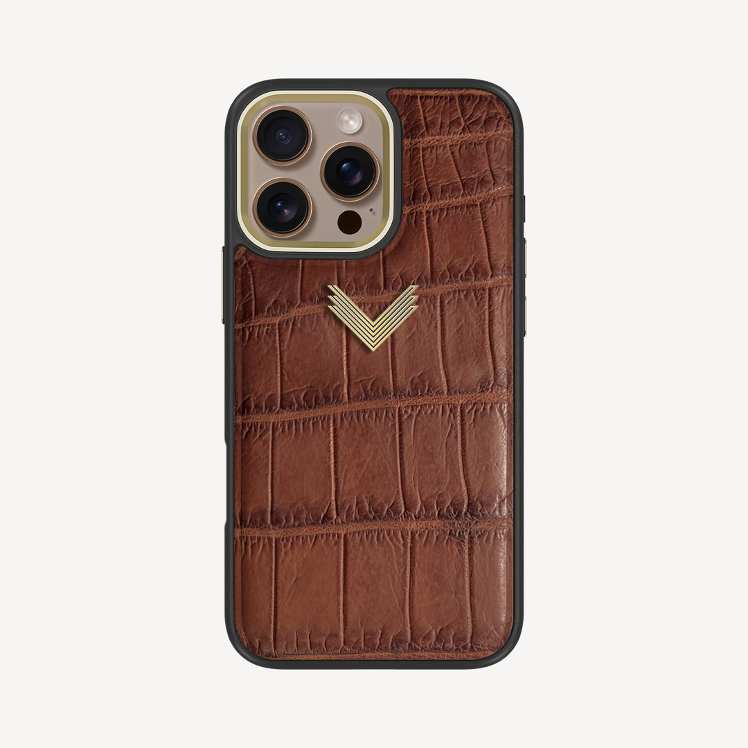 iPhone 16 Pro Max Phone Case, Crocodile Leather, Antique VLogo