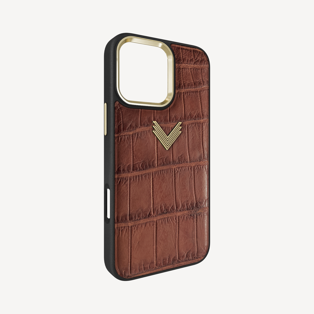 iPhone 16 Pro Max Phone Case, Crocodile Leather, Antique VLogo