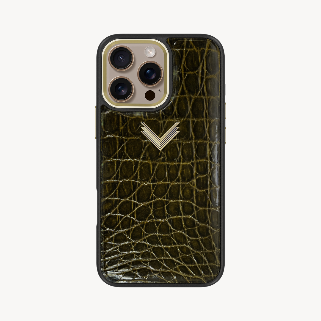 iPhone 16 Pro Max Phone Case, Crocodile Leather, Antique VLogo