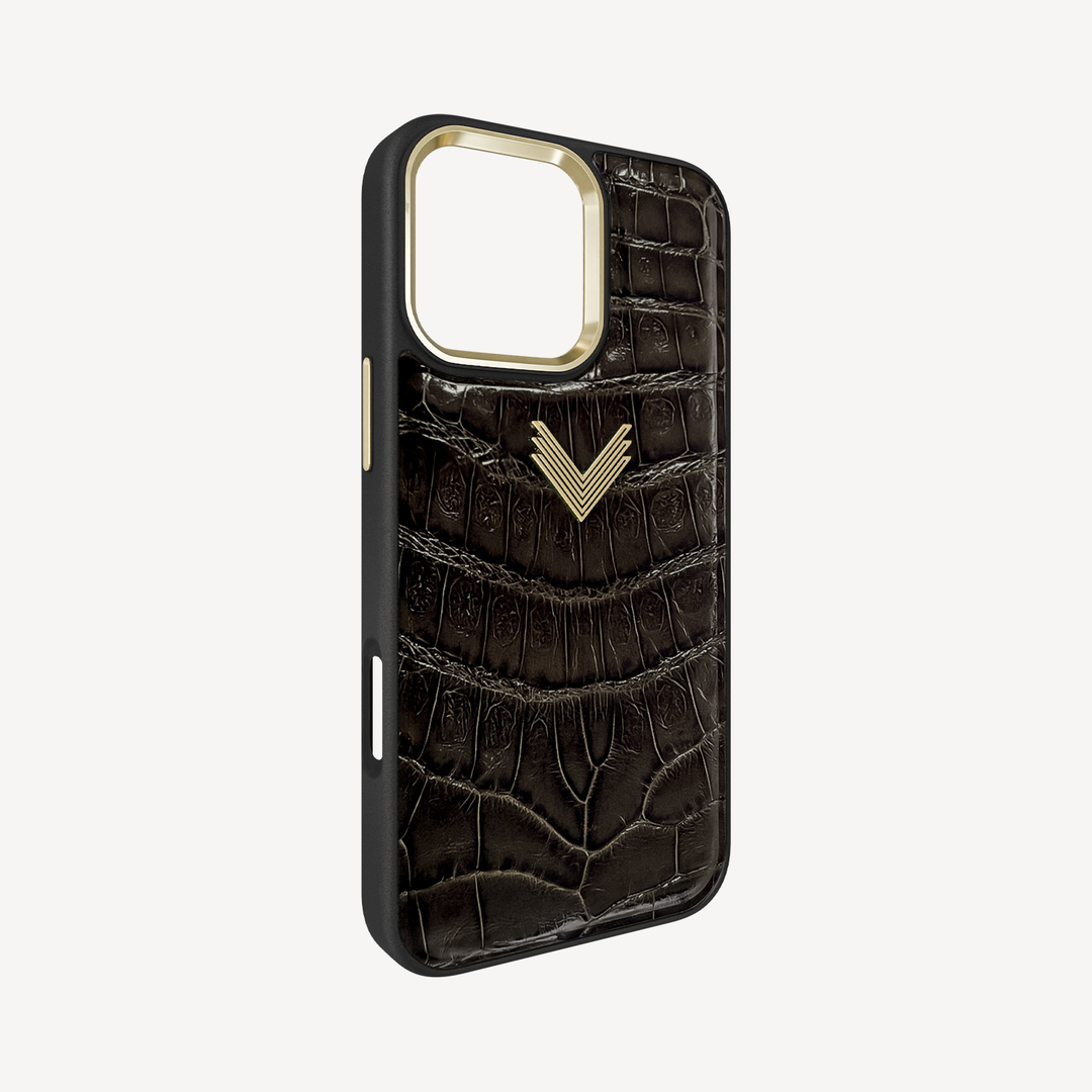 iPhone 16 Pro Max Phone Case, Crocodile Leather, Antique VLogo