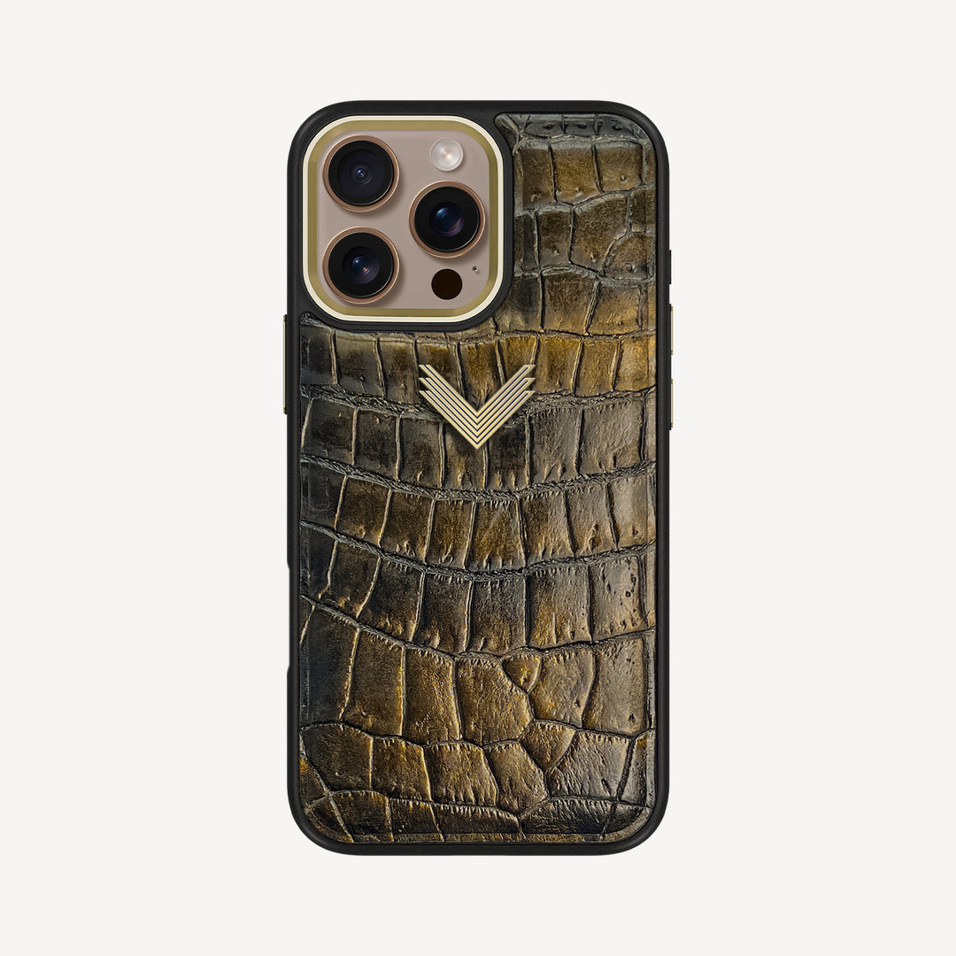 iPhone 16 Pro Max Phone Case, Crocodile Leather, Antique VLogo