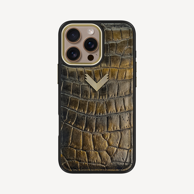 iPhone 16 Pro Max Phone Case, Crocodile Leather, Antique VLogo