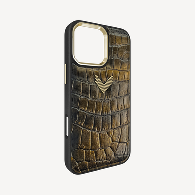 iPhone 16 Pro Phone Case, Crocodile Leather, Antique VLogo